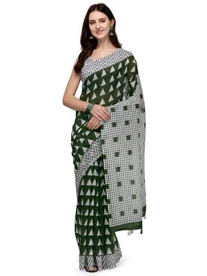 Green printed linen saree with blouse 1