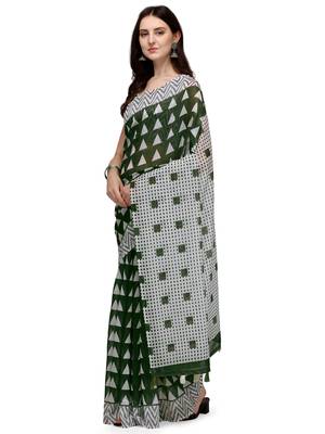 Green printed linen saree with blouse 2