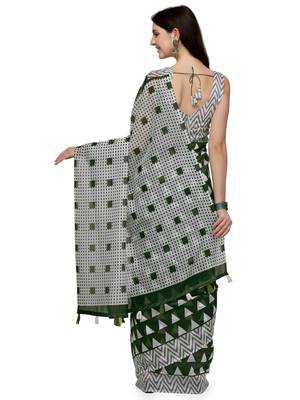 Green printed linen saree with blouse 3