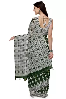Green printed linen saree with blouse
