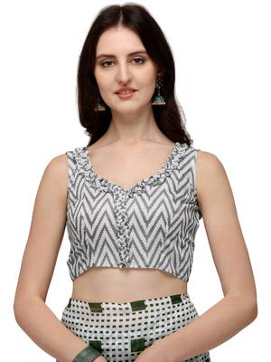 Green printed linen saree with blouse 5