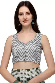 Green printed linen saree with blouse