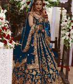 Dark-aqua-blue embroidered velvet semi stitched lehenga