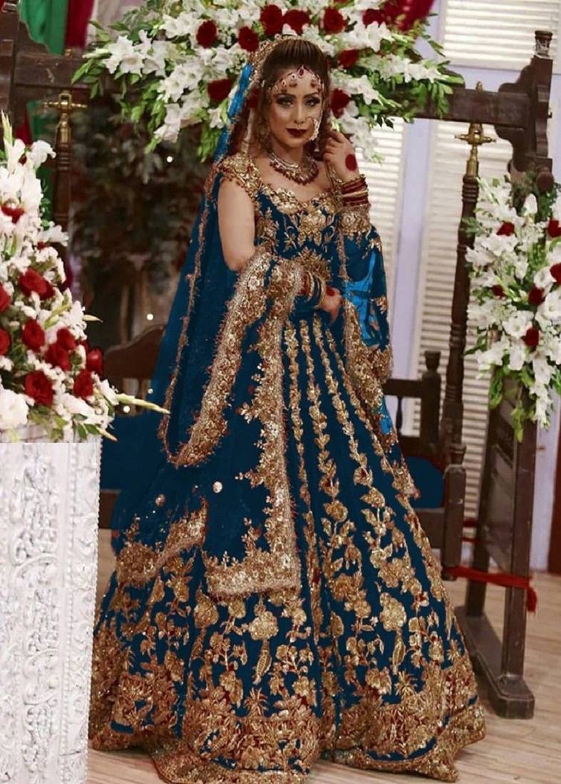 Dark-aqua-blue embroidered velvet semi stitched lehenga