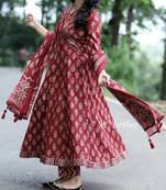 Women Pure Cotton Anarkali Gown Pant With Dupatta Sets