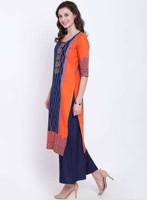 Orange printed cotton kurtas-and-kurtis 2