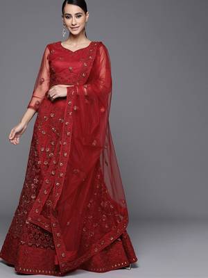 Inddus Red Embellished Net Semi-Stitched Lehenga & Blouse With Dupatta 1