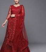 Inddus Red Embellished Net Semi-Stitched Lehenga & Blouse With Dupatta