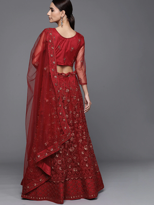 Inddus Red Embellished Net Semi-Stitched Lehenga & Blouse With Dupatta 2