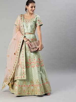 Inddus Sea Green & Beige Embroidered Silk Blend Semi-Stitched Lehenga & Unstitched Blouse With Dupatta 1