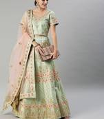 Inddus Sea Green & Beige Embroidered Silk Blend Semi-Stitched Lehenga & Unstitched Blouse With Dupatta