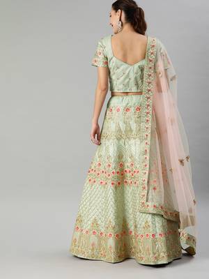 Inddus Sea Green & Beige Embroidered Silk Blend Semi-Stitched Lehenga & Unstitched Blouse With Dupatta 2