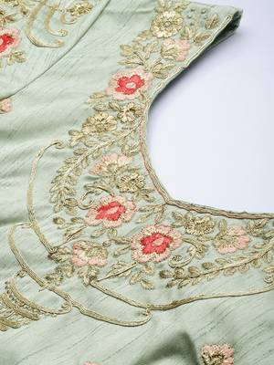 Inddus Sea Green & Beige Embroidered Silk Blend Semi-Stitched Lehenga & Unstitched Blouse With Dupatta 3