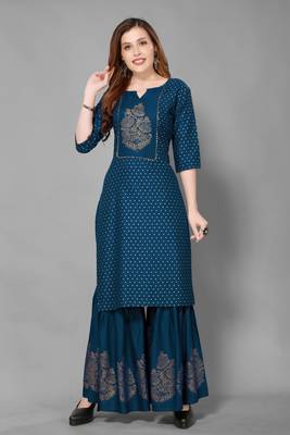 Teal-blue printed rayon ethnic-kurtis 1