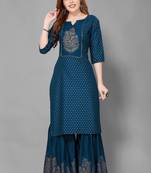 Teal-blue printed rayon ethnic-kurtis