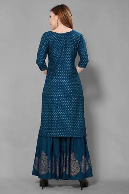 Teal-blue printed rayon ethnic-kurtis 2