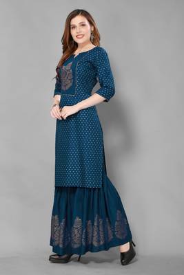 Teal-blue printed rayon ethnic-kurtis 3
