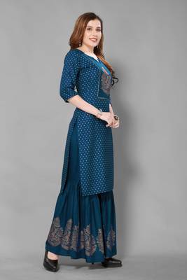 Teal-blue printed rayon ethnic-kurtis 4