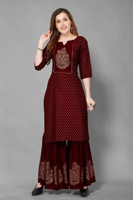 Dark-maroon printed rayon ethnic-kurtis 1