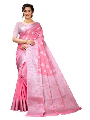 Pink woven art silk sarees saree with blouse 1
