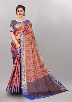 Pink woven cotton silk saree with blouse 1