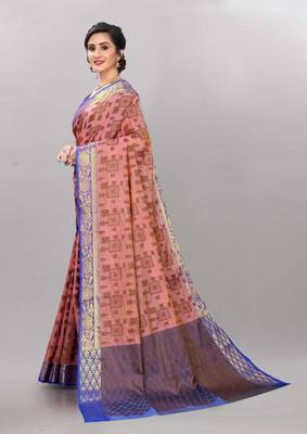 Pink woven cotton silk saree with blouse 4