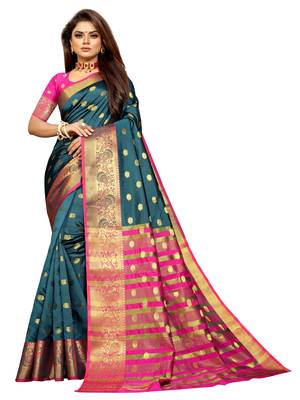 Turquoise woven cotton silk saree with blouse 1