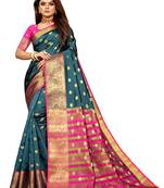 Turquoise woven cotton silk saree with blouse