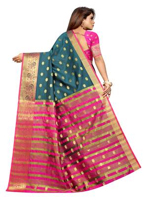Turquoise woven cotton silk saree with blouse 2