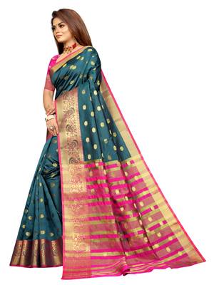 Turquoise woven cotton silk saree with blouse 3