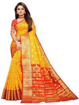 Yellow woven cotton silk saree with blouse 1