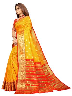 Yellow woven cotton silk saree with blouse 3