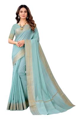 Sky blue woven cotton silk saree with blouse 1