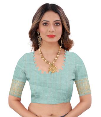 Sky blue woven cotton silk saree with blouse 4
